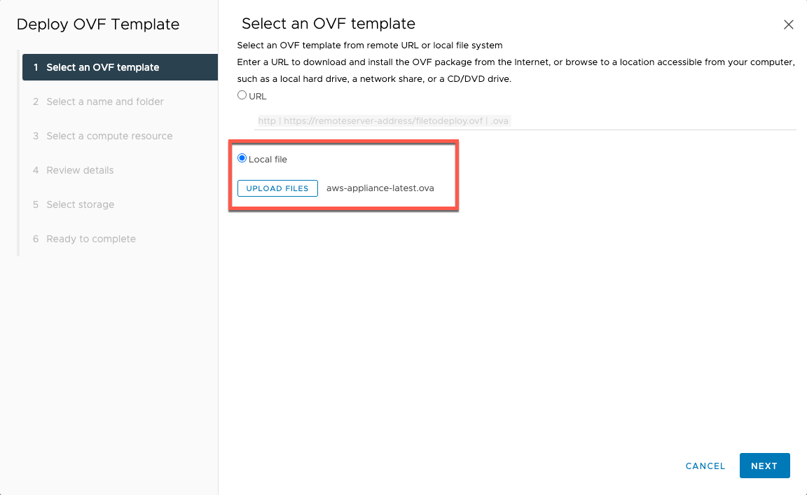 Opsi file lokal pada panel Select an OVF template.