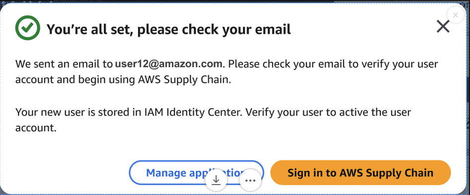 Confirmation dialog for Rantai Pasokan AWS setup with email verification instructions.