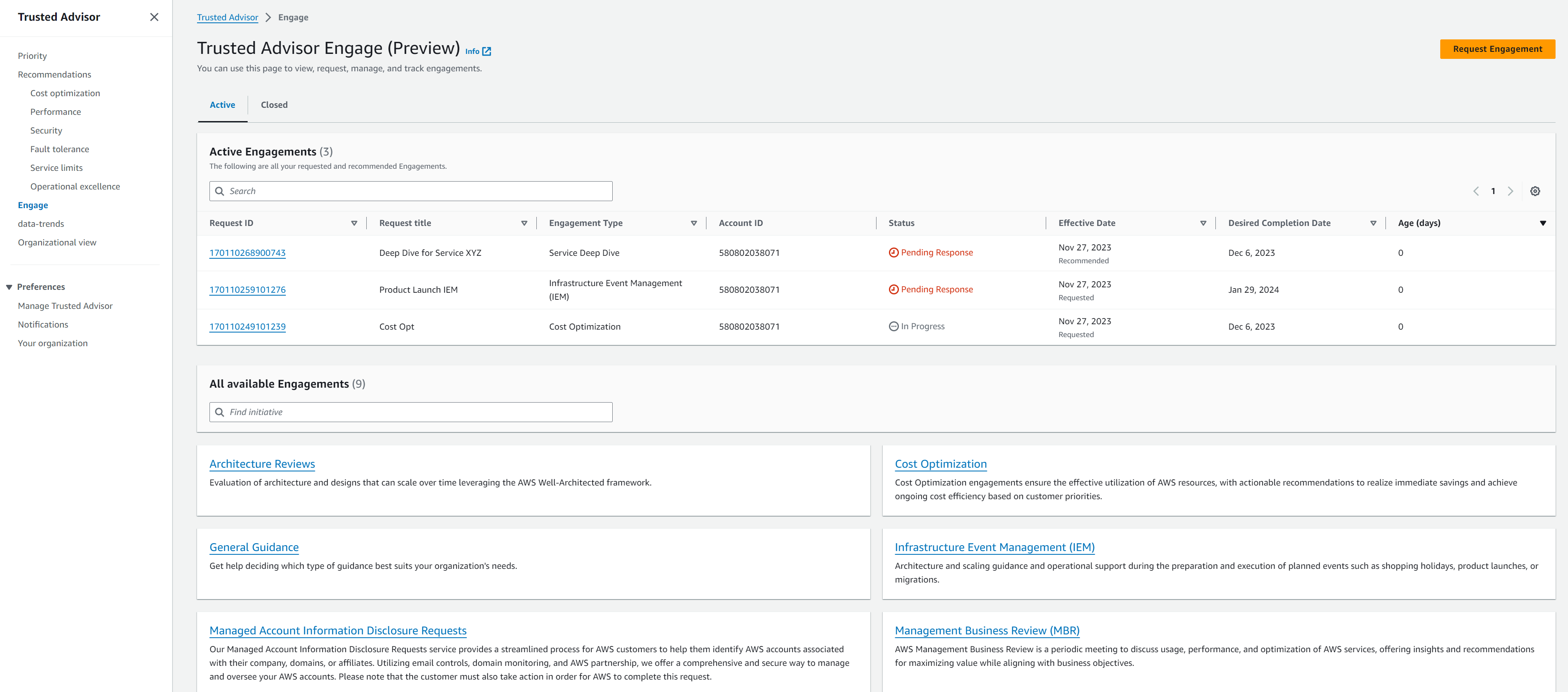 Lihat Dasbor Keterlibatan di Trusted Advisor Engage.