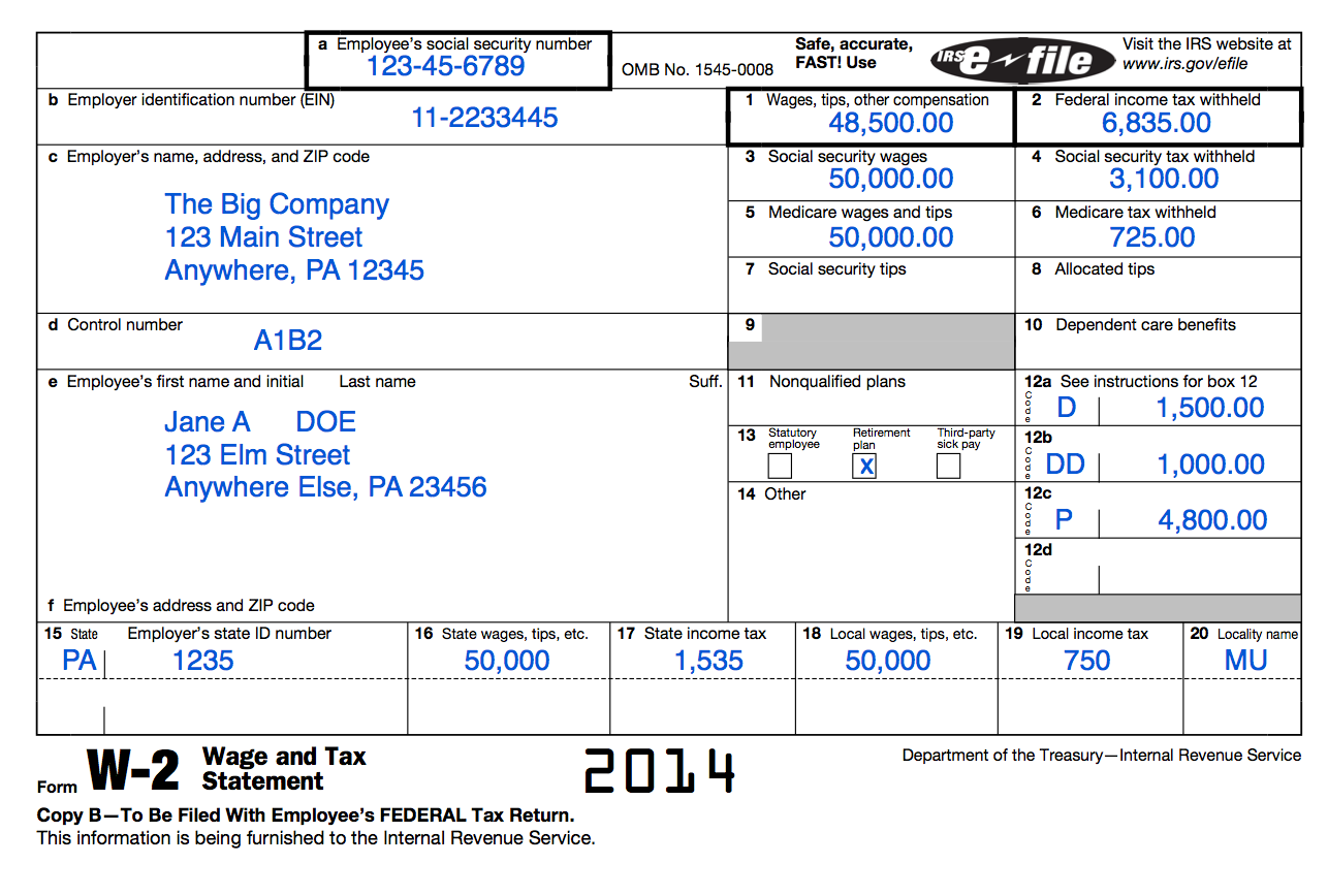 Contoh formulir W2 dengan bidang standar, menunjukkan tata letak dan bidang data yang akan diekstraksi.