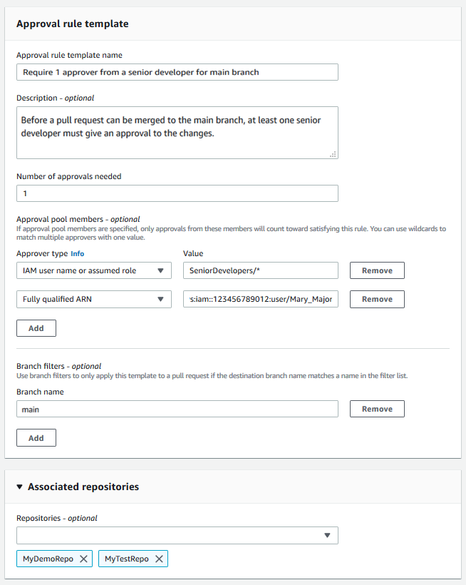Templat aturan persetujuan yang membutuhkan 1 penyetuju dari aturan persetujuan yang ditetapkan jika permintaan pull dibuat pada cabang dinamai utama, terkait dengan dua repositori