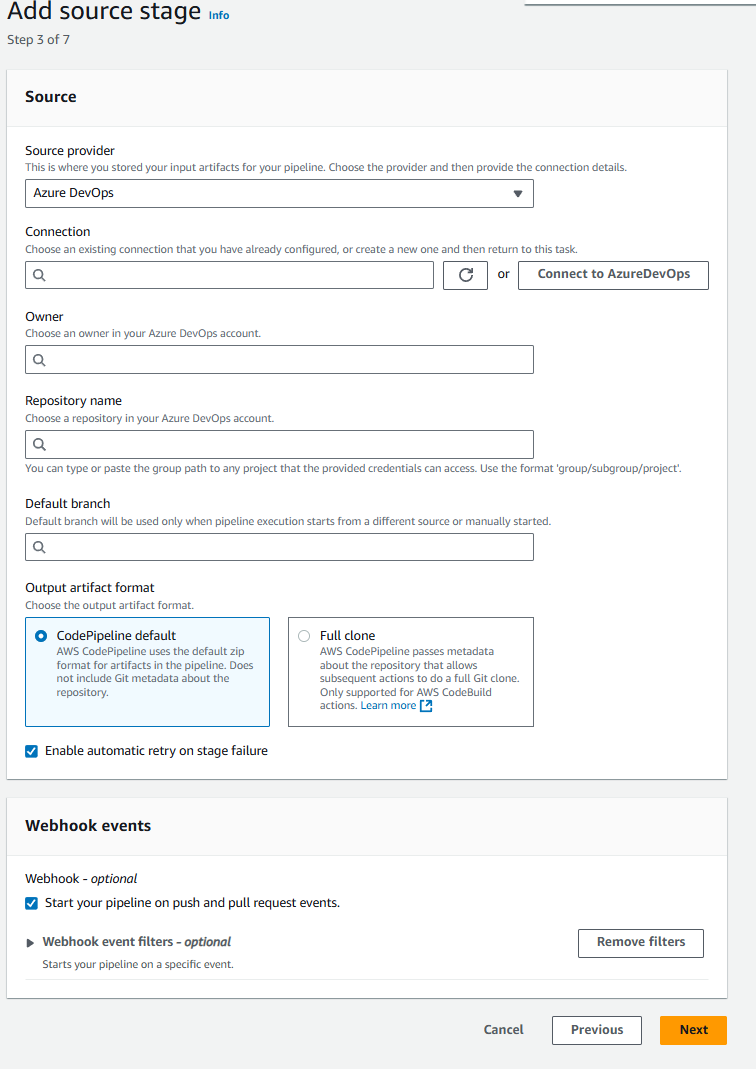 Tangkapan layar konsol yang menampilkan opsi koneksi yang dipilih untuk Azure DevOps.