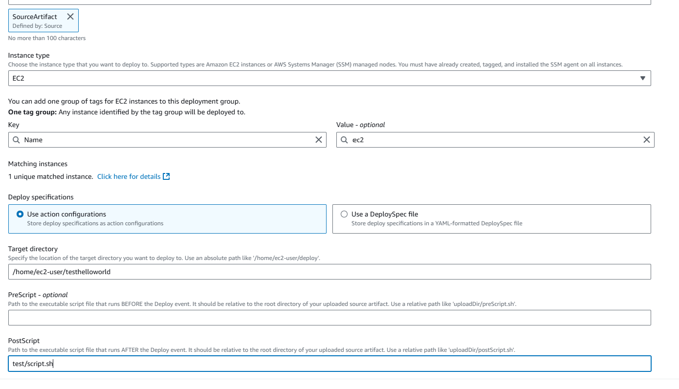 Halaman Edit tindakan untuk pipeline baru dengan tindakan EC2 Deploy yang menentukan menggunakan konfigurasi tindakan