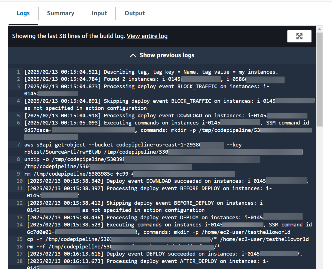 Lihat log untuk tindakan EC2 penerapan Amazon di pipeline Anda.