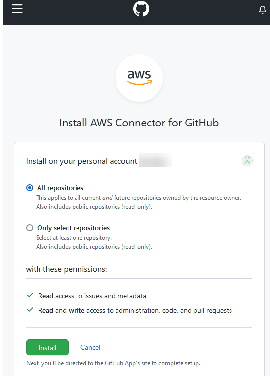 
                        Tangkapan layar konsol yang menunjukkan AWS Konektor kedua untuk halaman  GitHub instalasi.
                    