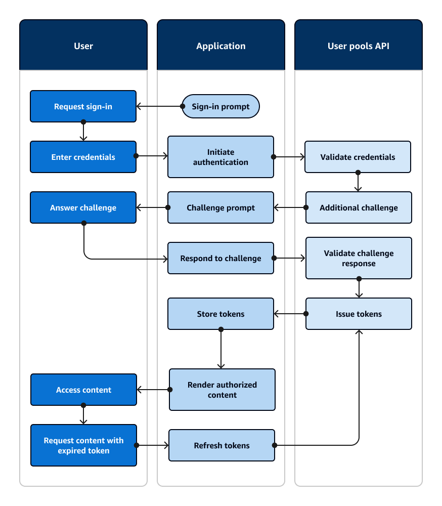 Diagram alur yang menampilkan aplikasi yang meminta pengguna untuk memasukkan dan menandatanganinya dengan SDK. AWS