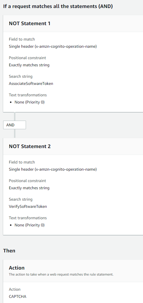 Screenshot dari AWS WAF aturan yang menerapkan tindakan CAPTCHA untuk semua permintaan yang tidak memiliki nilai x-amzn-cognito-operation-name header atau. AssociateSoftwareToken VerifySoftwareToken