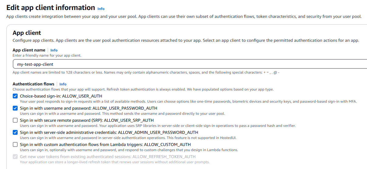 Tangkapan layar dari konsol Amazon Cognito yang menggambarkan pilihan alur otentikasi kata sandi biasa untuk klien aplikasi. Opsi ALLOW_USER_PASSWORD_AUTH, ALLOW_ADMIN_USER_PASSWORD_AUTH, dan ALLOW_USER_AUTH telah dipilih.