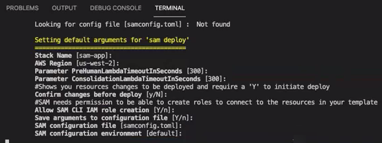 Sesi terminal menampilkan opsi AWS CloudFormation konfigurasi.
