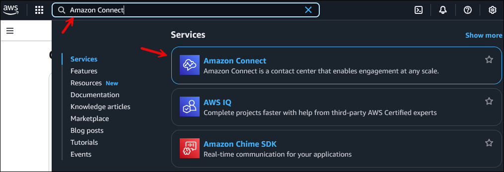 Konsol AWS Manajemen, layanan Amazon Connect.