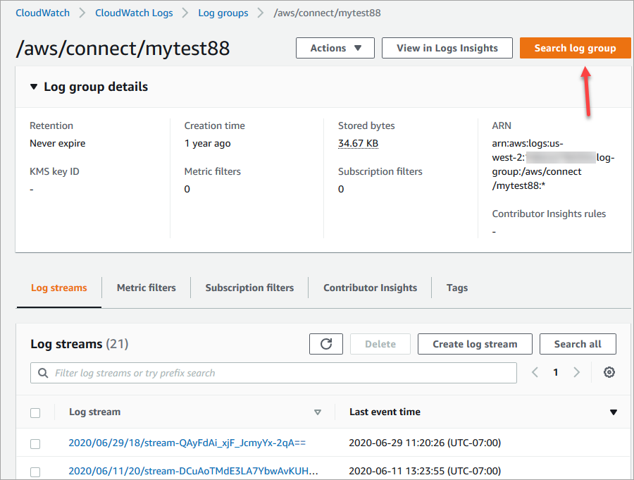 Tombol grup log pencarian pada halaman /aws/connect/mytest88.