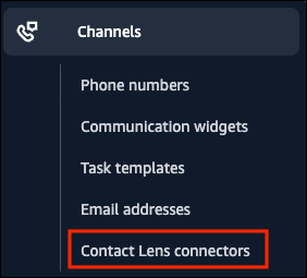 Menu kiri di situs web Amazon Connect admin, Contact Lens opsi.