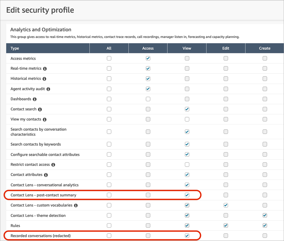 Halaman profil keamanan, analitik, dan izin pengoptimalan.