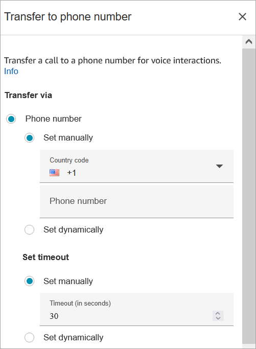 Halaman properti dari blok Transfer ke nomor telepon.