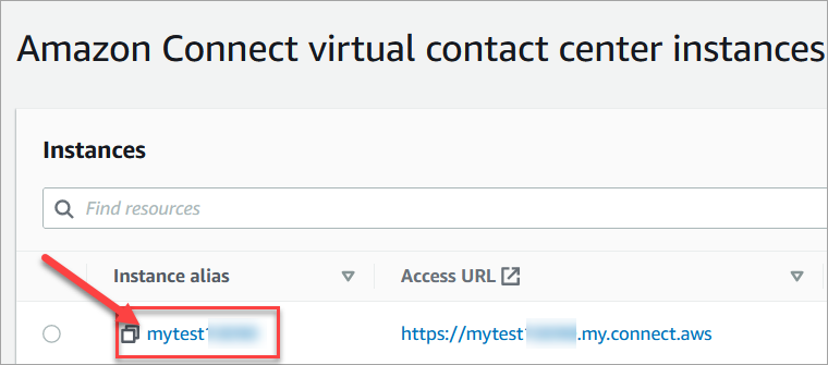 Halaman instans pusat kontak virtual Amazon Connect, alias instans Anda.