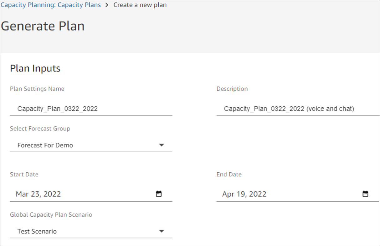 Halaman Generate Plan, bagian Input Rencana, nilai contoh.