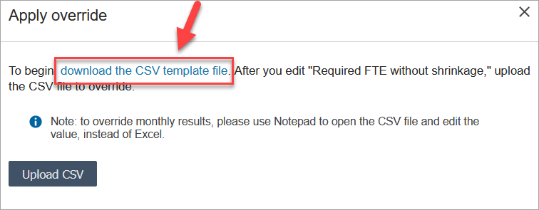 Bagian apply override, tautan untuk mengunduh file template CSV.