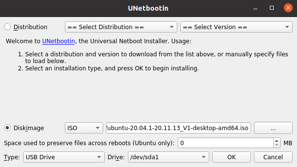 Citra: Atur file ISO untuk citra disk boot (Ubuntu).