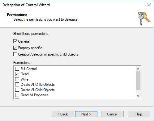 Delegasi kotak dialog izin Control Wizard dengan izin berikut dipilih umum, khusus properti, dan baca.