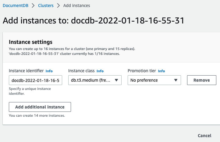 Formulir Add instance dengan opsi untuk pengaturan instance.