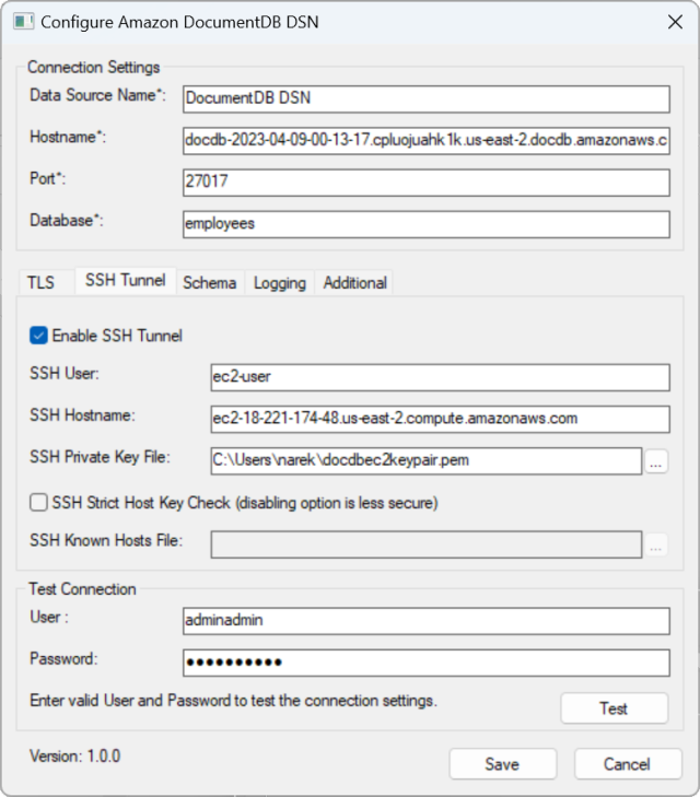 Konfigurasi antarmuka DSN Amazon DocumentDB dengan bidang SSH Tunnel selesai.