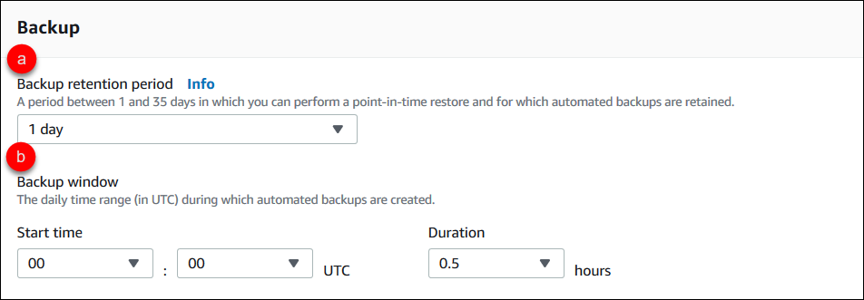 Cuplikan layar dari panel Backup menampilkan langkah-langkah untuk mengkonfigurasi jendela backup klaster.