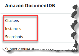 
                            Cluster, instance, dan snapshot di panel navigasi. 
                        