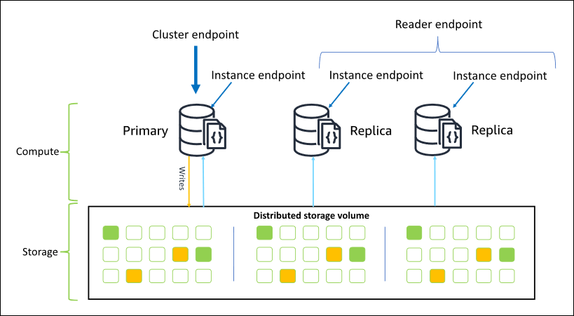 Diagram menunjukkan titik akhir Amazon DocumentDB termasuk titik akhir klaster, pembaca, dan instans.