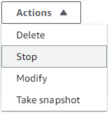Daftar dropdown Actions dengan opsi Stop yang dipilih.