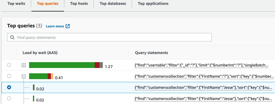 Ikhtisar tab Kueri teratas - Amazon DocumentDB