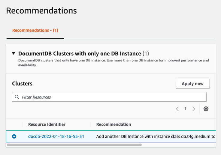Formulir Rekomendasi yang menampilkan tugas direkomendasikan yang dipilih untuk klaster Amazon DocumentDB.