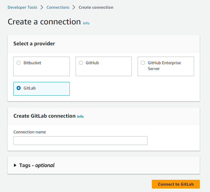 Tangkapan layar konsol yang menampilkan opsi koneksi yang dipilih untuk GitLab.