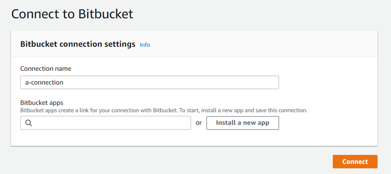 
                    Tangkapan layar konsol yang menampilkan kotak dialog Hubungkan ke Bitbucket, dengan tombol instal aplikasi baru.
                