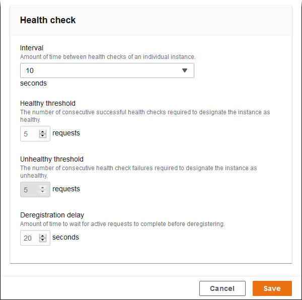 Pengaturan kotak dialog proses Network Load Balancer untuk pemeriksaan kondisi