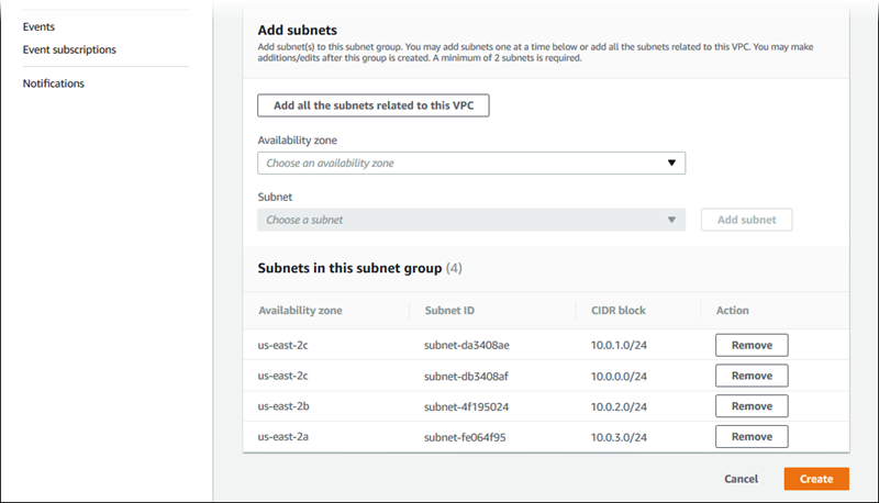 Tambahkan semua subnet yang terkait dengan VPC Anda.