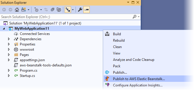 Visual Studio mengambil tangkapan layar menu konteks aplikasi Anda. Menu menampilkan Publikasikan keAWS Elastic Beanstalk sebagai opsi.