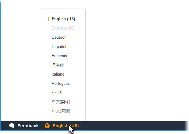 Menu pilihan bahasa konsol Elastic Beanstalk