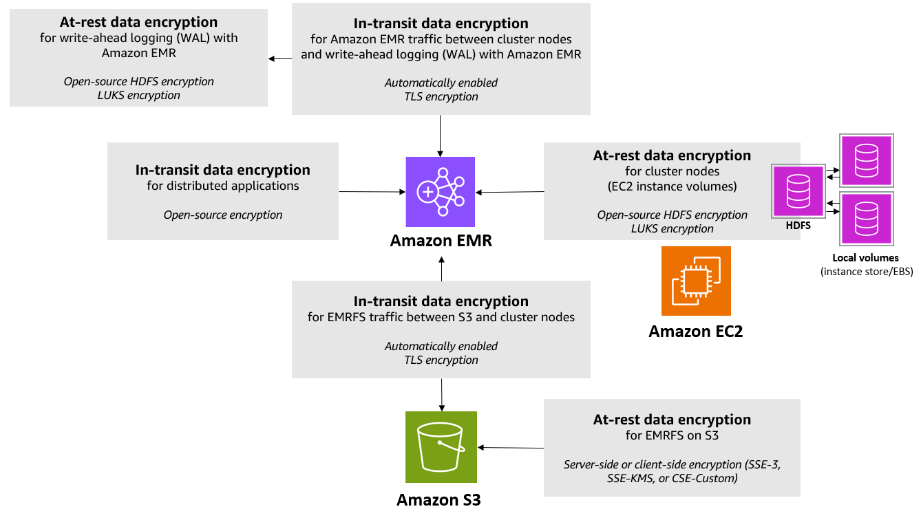Ada beberapa opsi enkripsi dalam transit dan istirahat yang tersedia dengan Amazon EMR.