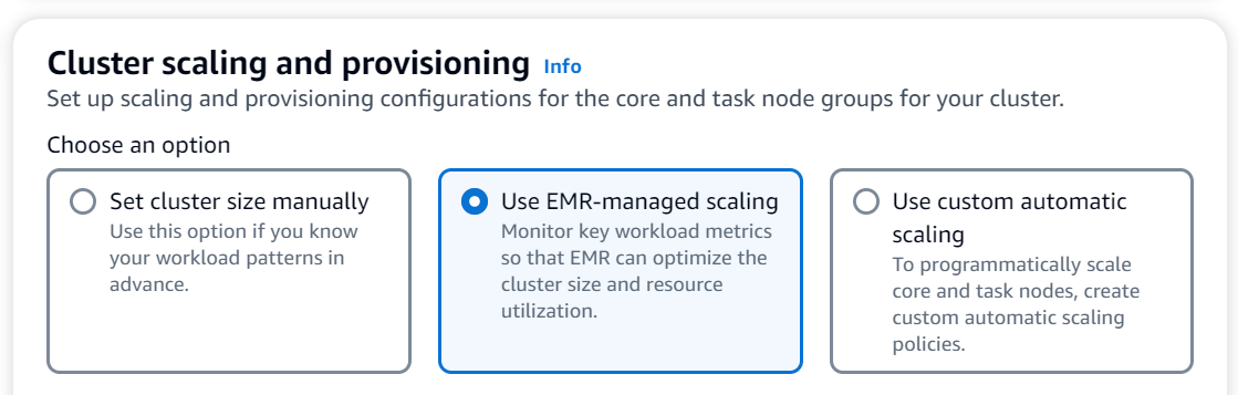 Three options for scaling an EMR klaster: set size manually, use EMR-managed scaling, or custom automatic scaling. (AI generated)