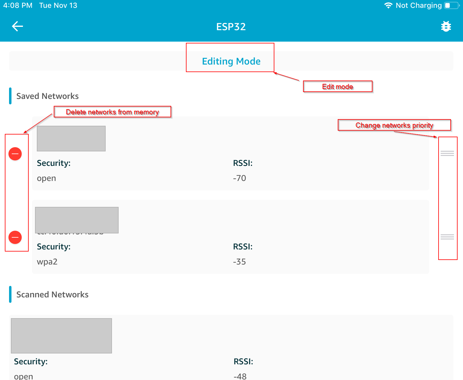 ESP32 network configuration interface showing saved and scanned networks with editing options.