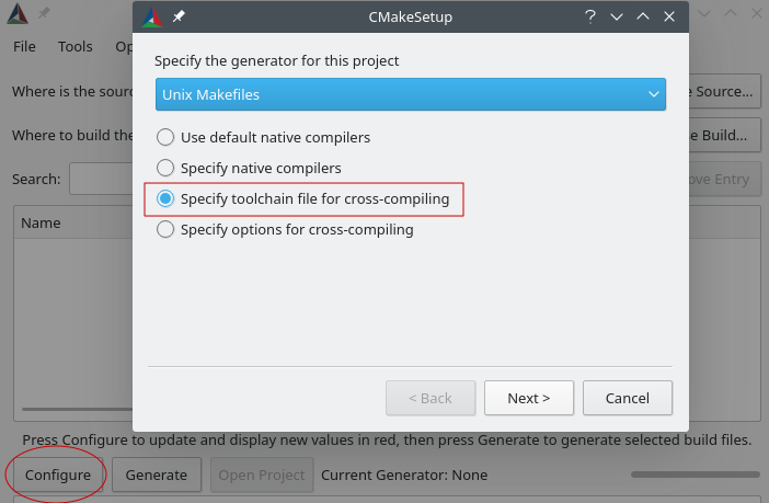 C MakeSetup dialog dengan opsi untuk menentukan generator untuk proyek sebagai Unix Makefiles, dan tentukan file toolchain untuk kompilasi silang.