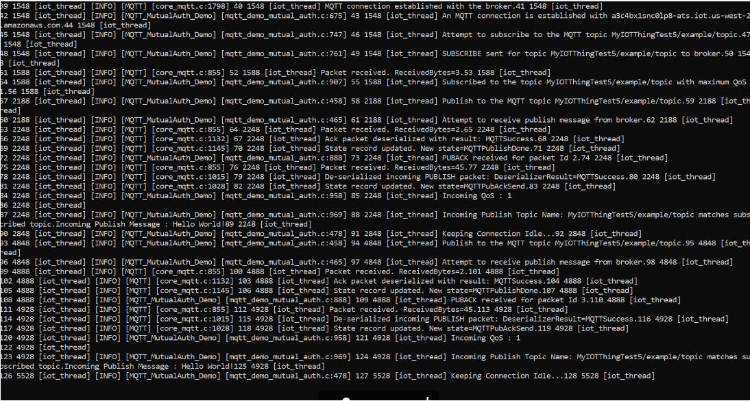 Output terminal demo MQTT pada penyelesaian yang berhasil