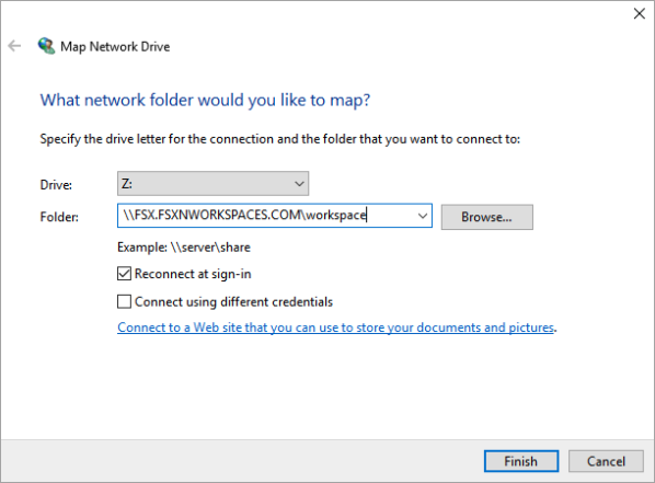 
            Menampilkan dialog Windows Map Network Drive untuk memetakan berbagi SMB ONTAP ke surat di WorkSpace.
          