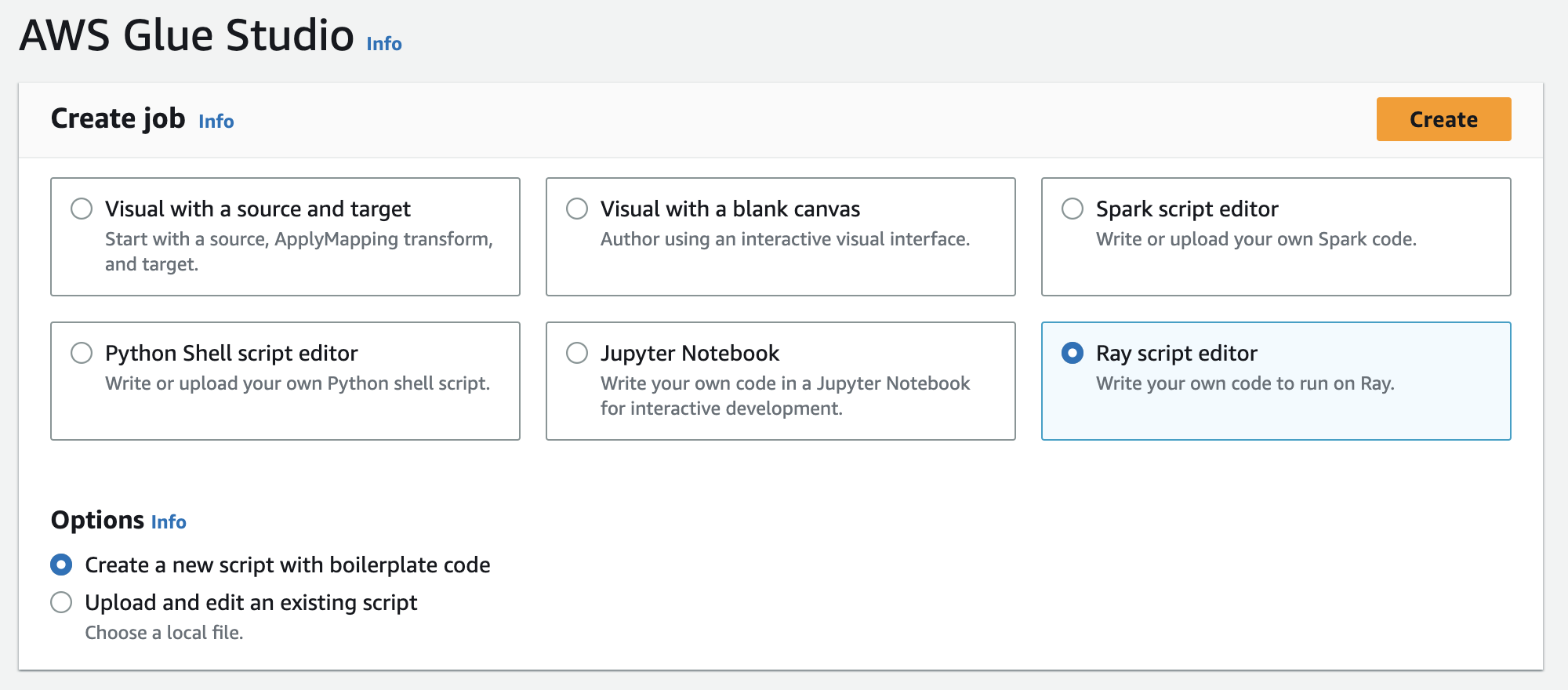 Kotak dialog di AWS Glue konsol yang digunakan untuk membuat pekerjaan Ray.