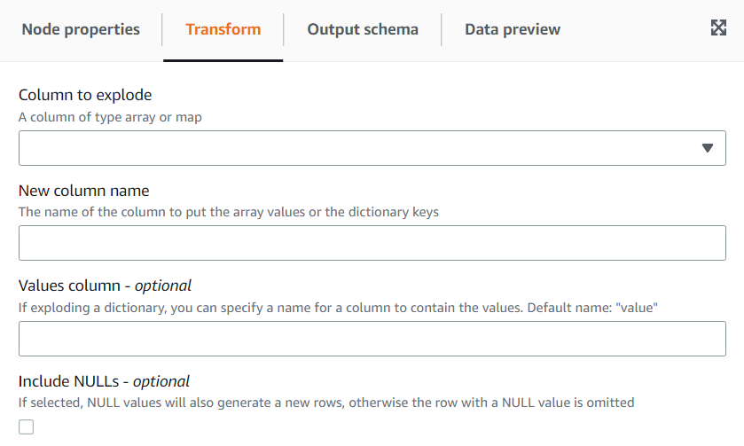 Tangkapan layar menunjukkan tab Transform untuk transformasi Explode Array atau Map Into Rows.