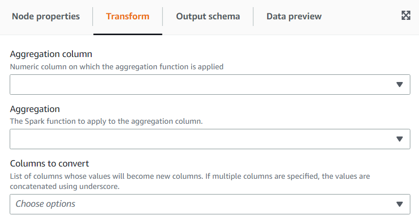 Tangkapan layar menunjukkan tab Transform untuk transformasi Pivot Rows To Columns.