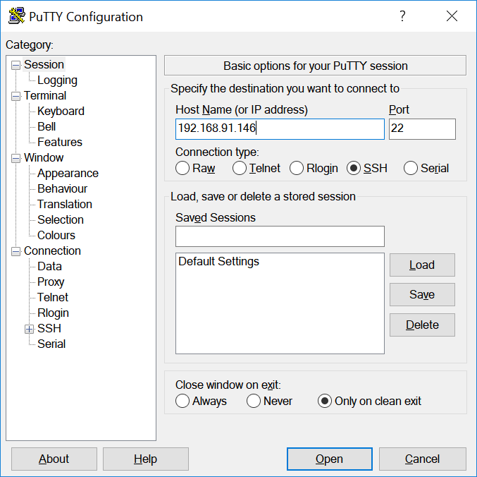 Jendela PuTTY dengan alamat IP dalam bidang "Nama Host (atau alamat IP)".