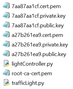 Screenshot dari file termasuk dua skrip Python dan sertifikat perangkat dan kunci.