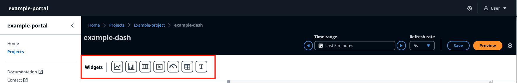 Halaman Proyek dasbor IoT dengan widget ditampilkan.