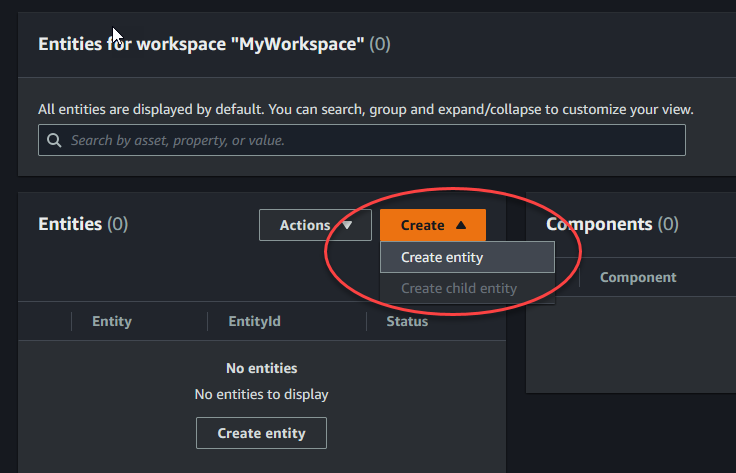 Halaman konsol TwinMaker Entities dengan opsi Create entity muncul di bawah Create.